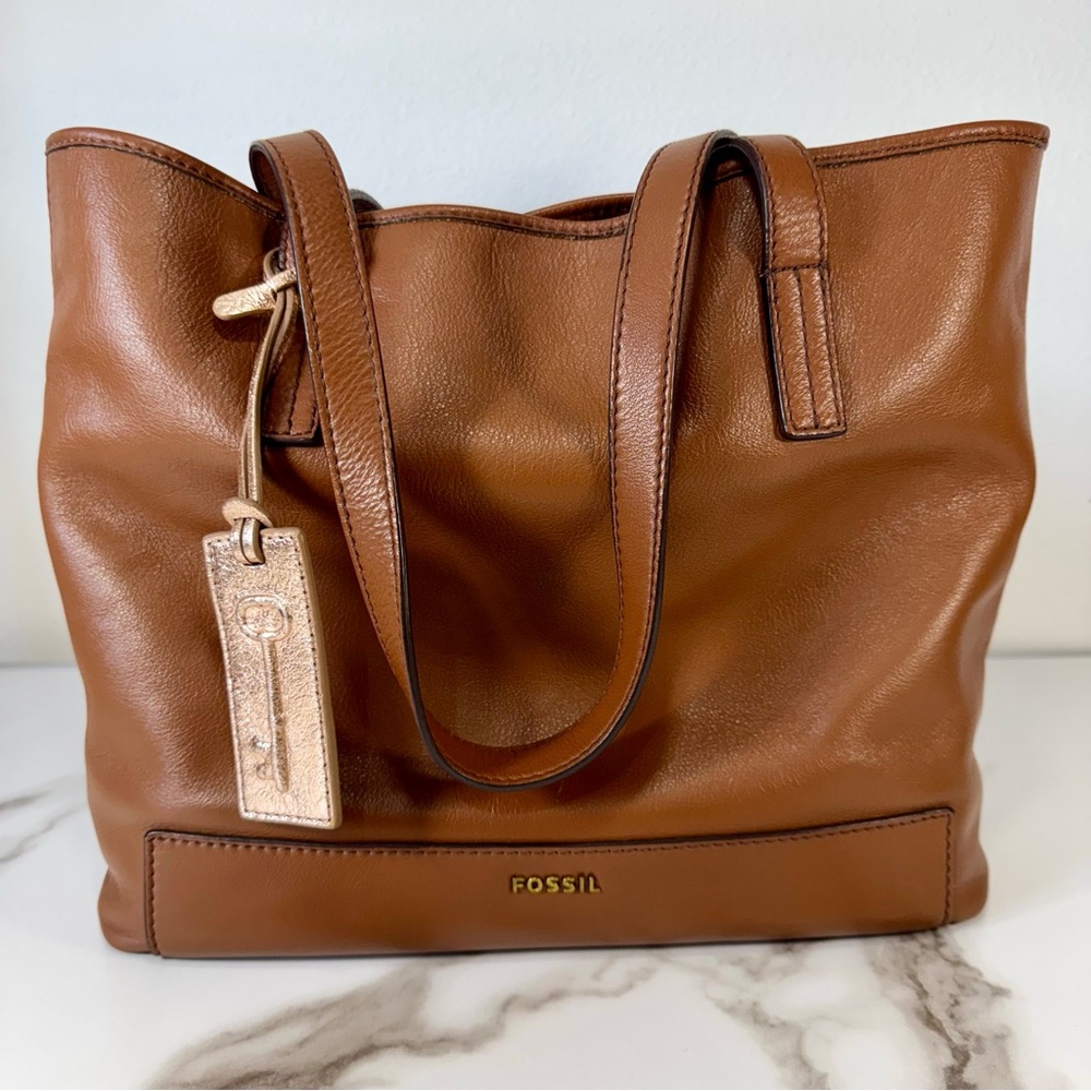 Fossil Reversible Slouchy Brown Tan Leather Metallic Rose Gold Handbag Tote Bag - Picture 15 of 16